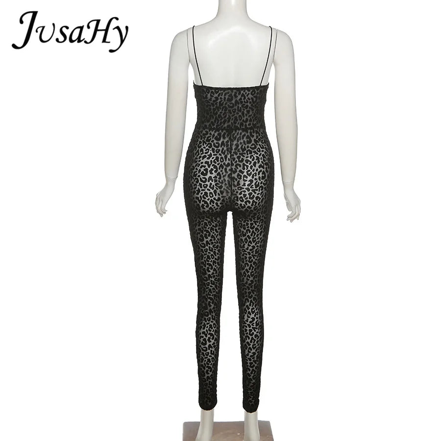JuSaHy Leopard Print Flocking Jumpsuit for Women Fashion Sleeveless Backless Body-Shaping Casual High Streetwear Female Outfits