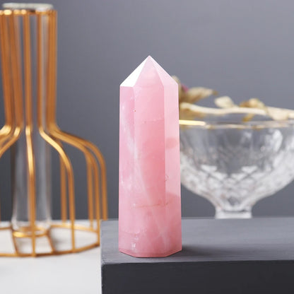 Natural Pink Crystal Point Rose Quartz Crystal hexagonal prism ornament magic wand Healing Gemstone Crystal Tower Badiee Stylez