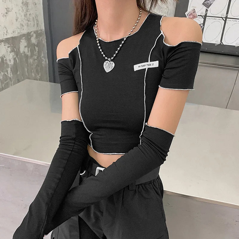 Patchwork Black T-shirts Gothic One Shoulder Sleeve Y2k Crop Tops Ruffles Hem Hip Hop Techwear Women Tees