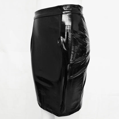 CHSDCSI Black Sexy women's Leather Skirts Streetwear Club Solid clothes Shiny High Waist pencil Skirt Lady Red Lady Skinny Skirt
