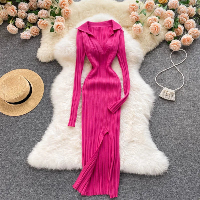 SINGREINY Women Korean Knitted Dress Long Sleeve V Neck Elastic Slim Pencil Dresses 2021 Autumn Sexy Bodycon Split Sweater Dress