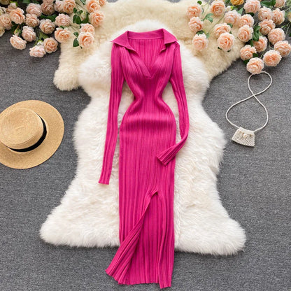 SINGREINY Women Korean Knitted Dress Long Sleeve V Neck Elastic Slim Pencil Dresses 2021 Autumn Sexy Bodycon Split Sweater Dress
