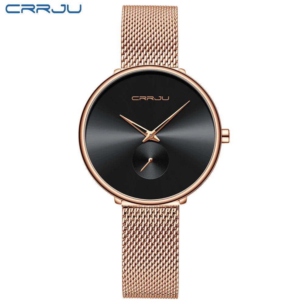 CRRJU 2165 Beautiful Design Watches Women Fashion Casual Steel Mesh Wristwatch Ladies Watch Female Clock Women's Quartz Watch rose black