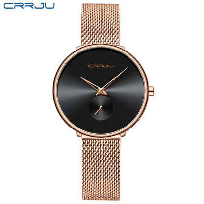 CRRJU 2165 Beautiful Design Watches Women Fashion Casual Steel Mesh Wristwatch Ladies Watch Female Clock Women's Quartz Watch rose black