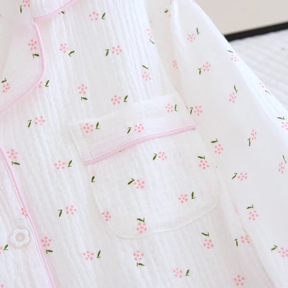 Fdfklak Spring Fall Full Sleeve Homewear Loose 2Pcs Pajama Set 100% Gauze Cotton Casual Print Sleeping Shirt Home Wear Clothes