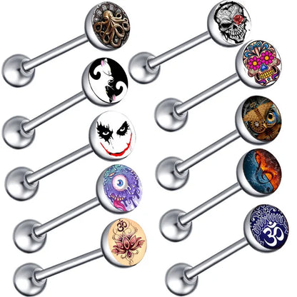 6PCS Stainless Steel Glorious Tongue Ring Bulk 14G Nipple Piercing Bar Lot Glitter Tongue Piercing Set Barbell Piercing Jewelry Pattern 6PCS