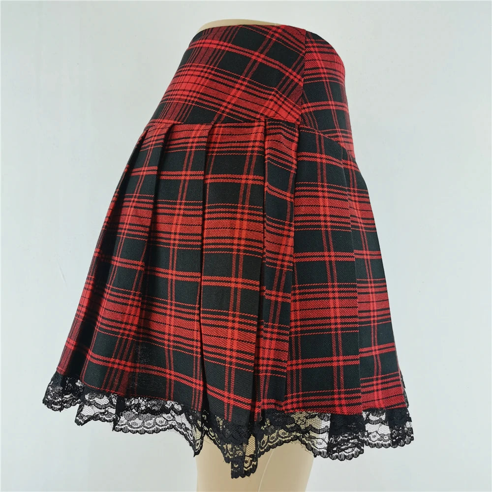 New Contrast Lace Plaid Pleated Skirt Vintage Sexy Skater Clothes Harajuku Gothic Punk England Style Y2k Skirt