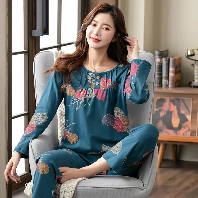Big yards M-4XL v-neck long sleeve pajamas set for women floral print nightwear autumn cotton sleepwear nightie female pyjama TM8430