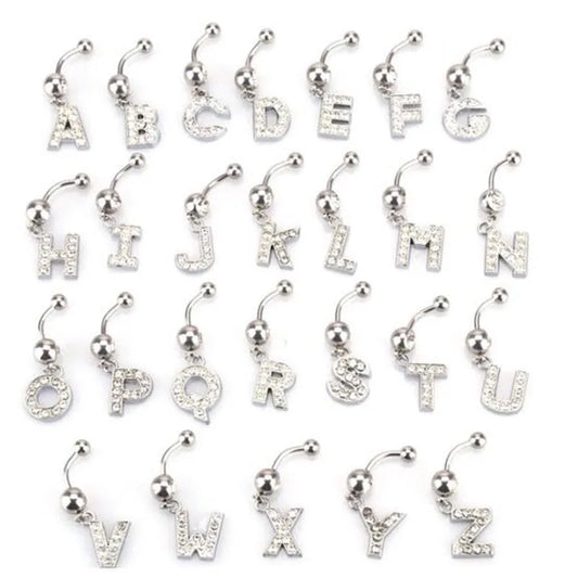 1Pc Letter Belly Button Ring Rhinestone Alphabet Pendant Navel Body Piercing Jewelry Silver Colour Nombril Piercing Gift Women