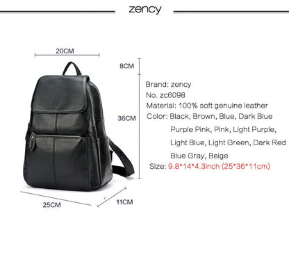 Zency Genuine Leather Women Backpack High Quality Large Capacity Travel Bag Knapsack Schoolbag Shoulder For Ladies Beige Black