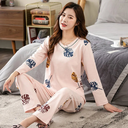 Big yards M-4XL v-neck long sleeve pajamas set for women floral print nightwear autumn cotton sleepwear nightie female pyjama TM8420