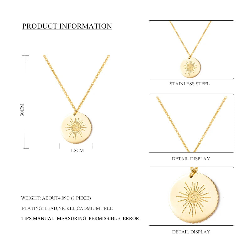 Gold Plated New Women Stainless Steel Necklace Round Disc Pendant With Eyes Pattern Clavicle Necklace Wedding Jewelry Wholesale