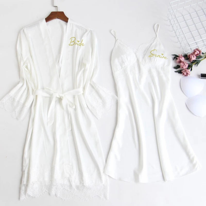 Personalized name Women Kimono Bathrobe Bride Bridesmaid Wedding Robe Set Lace Trim Sleepwear Casual Home Clothes Nightwear white robe gown