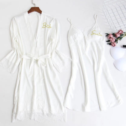 Personalized name Women Kimono Bathrobe Bride Bridesmaid Wedding Robe Set Lace Trim Sleepwear Casual Home Clothes Nightwear white robe gown