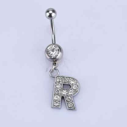 1Pc Letter Belly Button Ring Rhinestone Alphabet Pendant Navel Body Piercing Jewelry Silver Colour Nombril Piercing Gift Women R