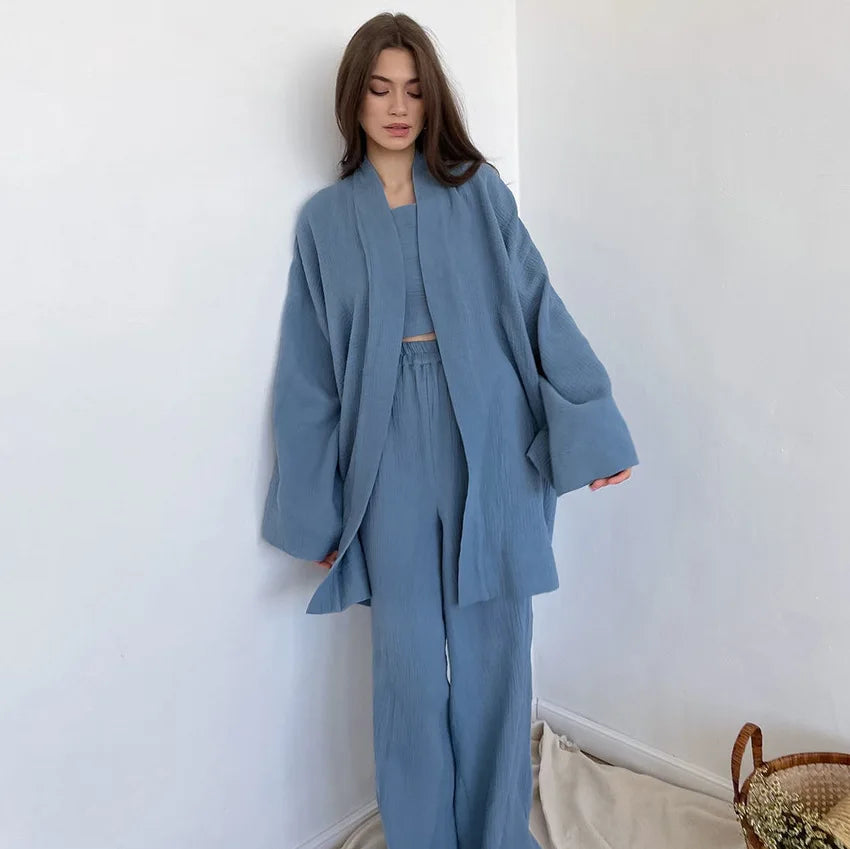 NHKDSASA Kimono Pajamas 2023 New 100% Cotton Crepe Long-Sleeved Trousers Ladies Sleepwear Suit Women's Home Service Mujer