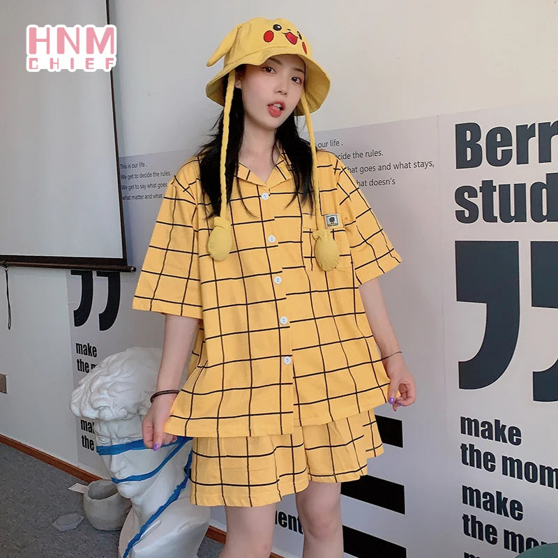 Women's Pyjamas Cute Lattice Print Pajama Sets Summer Casual Short Sleeve Couple Sleepwear Thin Cotton Home Maiden 2-piece Set