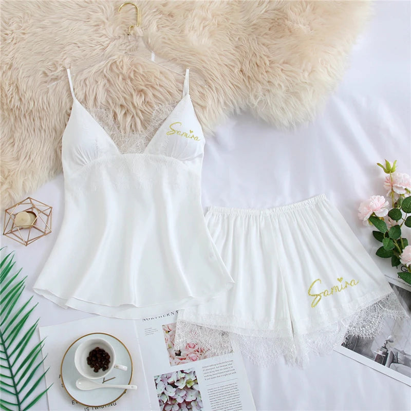 Personalized name Women Kimono Bathrobe Bride Bridesmaid Wedding Robe Set Lace Trim Sleepwear Casual Home Clothes Nightwear white 2pcs set