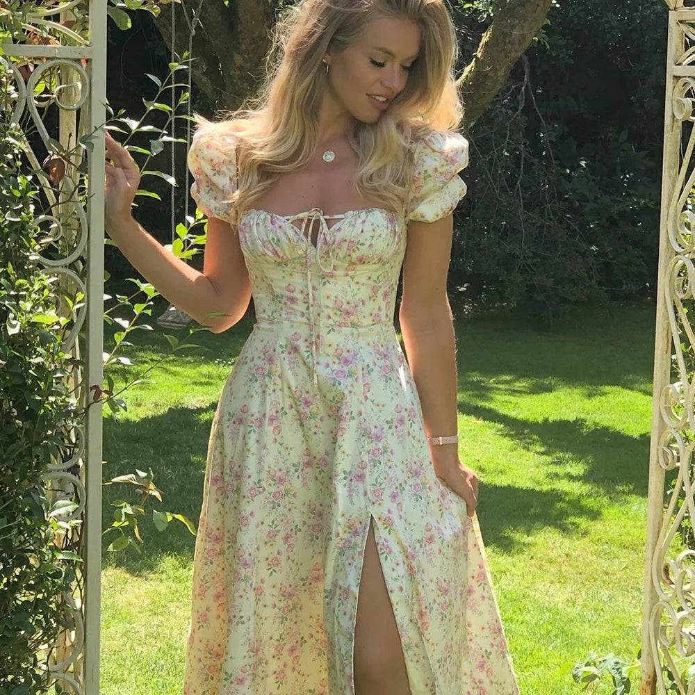Summer Women Puff Sleeve Floral Printed Dress,Long Dresses,Woman Clothing,Dress Women,Women's Elegant Dresses,Sexy Costume Women