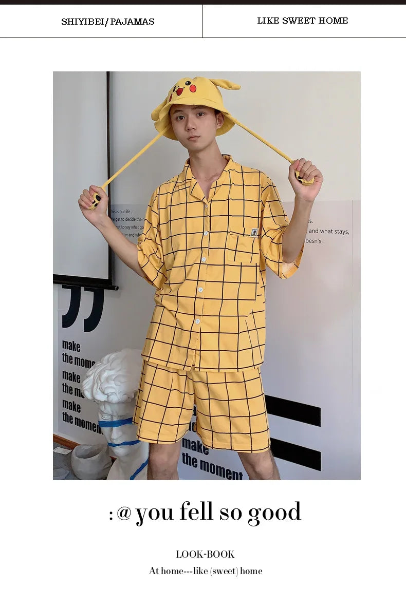 Women's Pyjamas Cute Lattice Print Pajama Sets Summer Casual Short Sleeve Couple Sleepwear Thin Cotton Home Maiden 2-piece Set