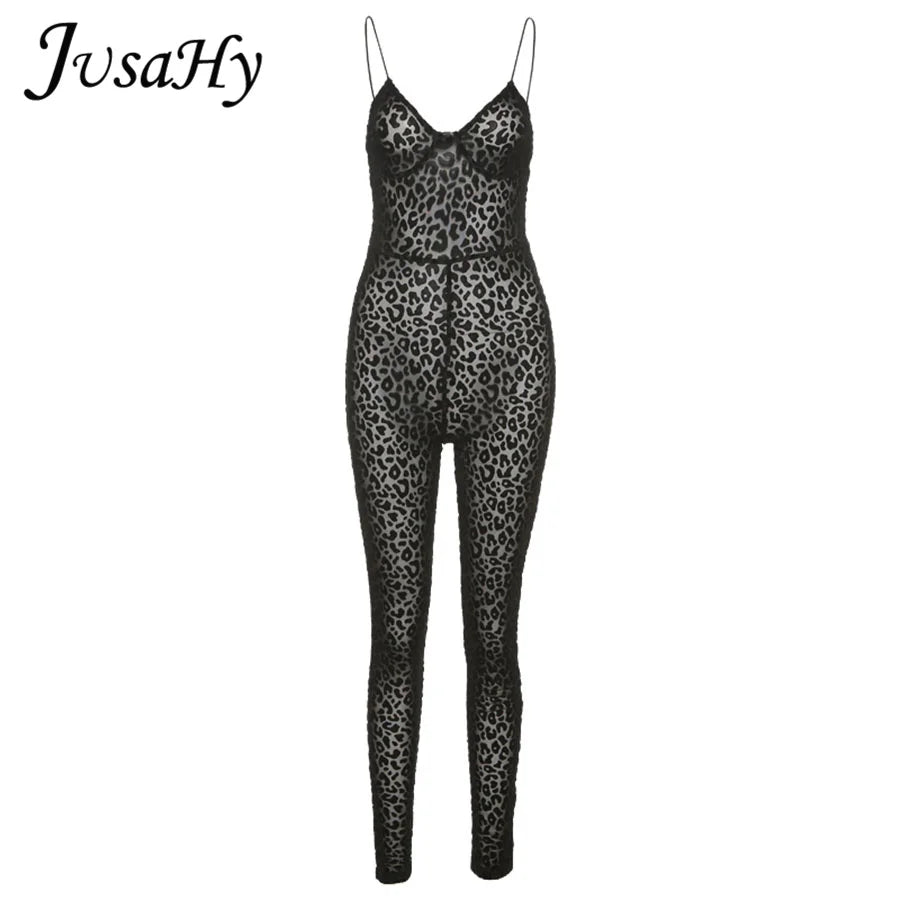 JuSaHy Leopard Print Flocking Jumpsuit for Women Fashion Sleeveless Backless Body-Shaping Casual High Streetwear Female Outfits