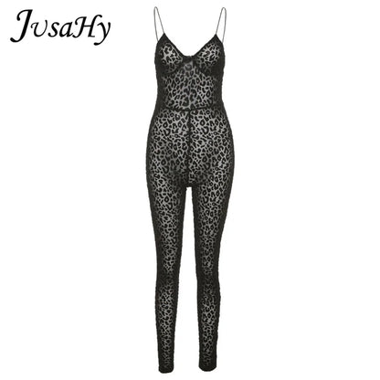JuSaHy Leopard Print Flocking Jumpsuit for Women Fashion Sleeveless Backless Body-Shaping Casual High Streetwear Female Outfits
