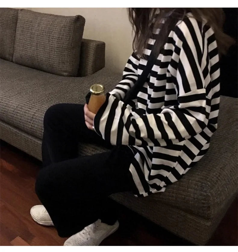 spring Autumn Women harajuku Striped Tshirt Long Sleeve O-Neck T-Shirts ulzzang Korean Casual T Shirt Femme black Tops