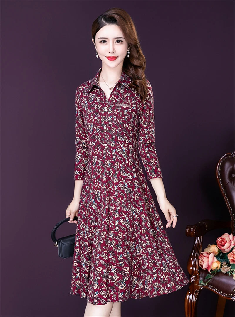 JiuMeiDai-Women's Elegant A-Line Polo Dress, Floral Print Robe, Vintage Designer Party Clothing, Office Lady, Autumn Badiee Stylez