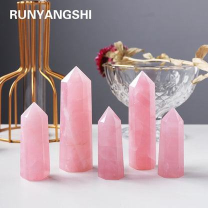 Natural Pink Crystal Point Rose Quartz Crystal hexagonal prism ornament magic wand Healing Gemstone Crystal Tower Badiee Stylez