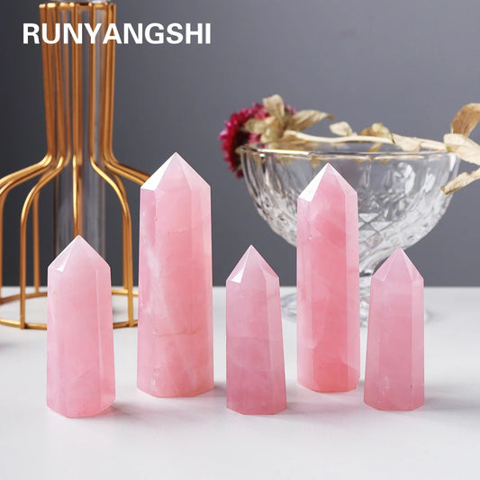 Natural Pink Crystal Point Rose Quartz Crystal hexagonal prism ornament magic wand Healing Gemstone Crystal Tower Badiee Stylez