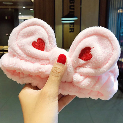 Wash Face Hair Holder Hairbands Soft Warm Coral Fleece Bow Animal Ears Headband For Women Girls Turban Fashion Hair Accessories pink heart