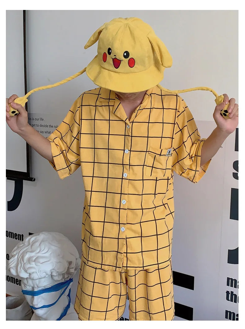 Women's Pyjamas Cute Lattice Print Pajama Sets Summer Casual Short Sleeve Couple Sleepwear Thin Cotton Home Maiden 2-piece Set