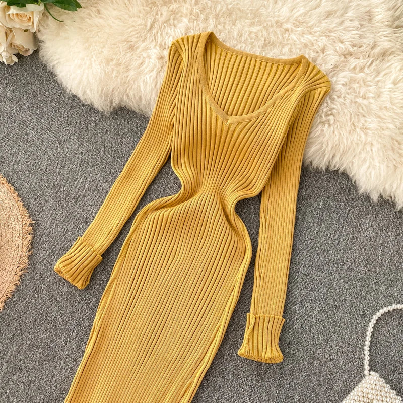 SINGRAIN Women Autumn Knitted Dress V Neck Sexy Slim Elastic Oversized Basic Bodycon Long Dress Winter knit Warm Sweater Dresses