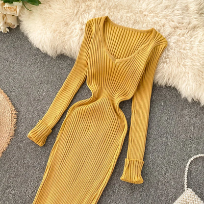 SINGRAIN Women Autumn Knitted Dress V Neck Sexy Slim Elastic Oversized Basic Bodycon Long Dress Winter knit Warm Sweater Dresses