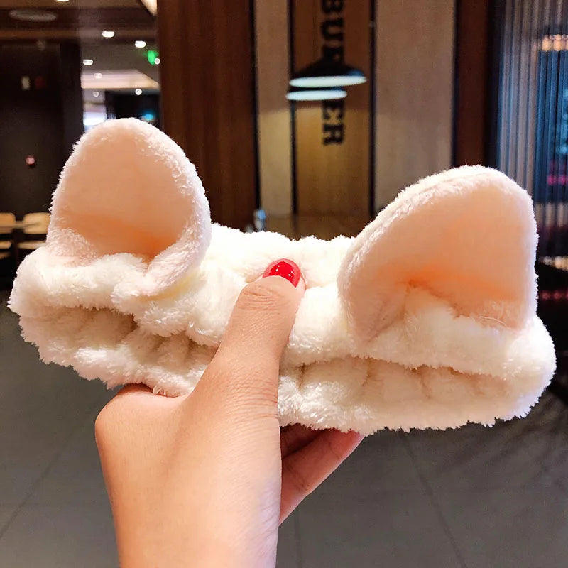 Wash Face Hair Holder Hairbands Soft Warm Coral Fleece Bow Animal Ears Headband For Women Girls Turban Fashion Hair Accessories beige cat ears