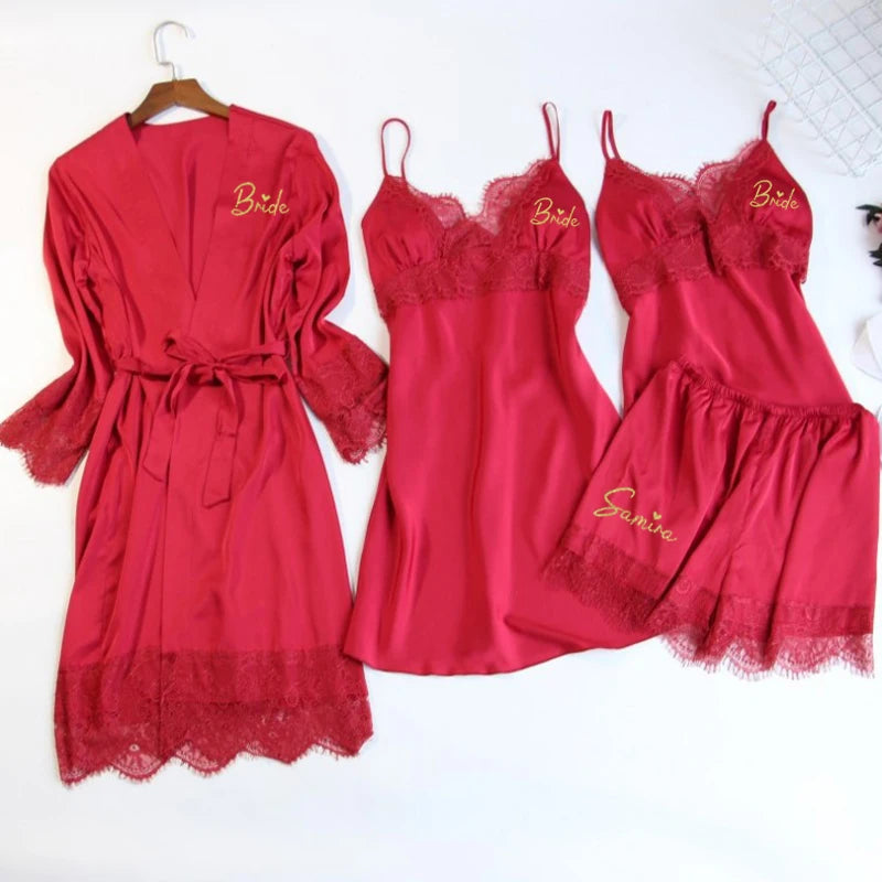 Personalized name Women Kimono Bathrobe Bride Bridesmaid Wedding Robe Set Lace Trim Sleepwear Casual Home Clothes Nightwear wine red 4pcs set