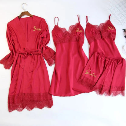 Personalized name Women Kimono Bathrobe Bride Bridesmaid Wedding Robe Set Lace Trim Sleepwear Casual Home Clothes Nightwear wine red 4pcs set