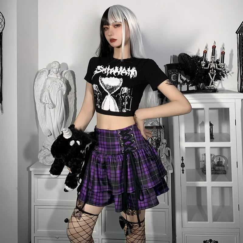 Black Checkered Women's Gothic Skirt Women Pleated Plaid Skirts Spring Autumn Girl Hip Hop Female Punk Goth Mini Skirt Clubwear