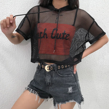 Womens Hollow Mesh Net Hooded T-Shirt Short Sleeve Tee Tops Transparent Black Swxy Clubwear Party