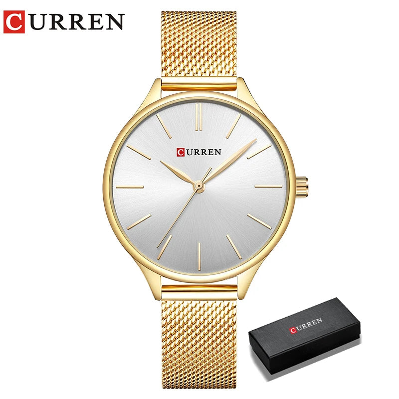 CURREN Original Women's Luxury Watch Matte Dial Japanese Quartz Movement Stainless Steel Mesh Strap with Box gold white box
