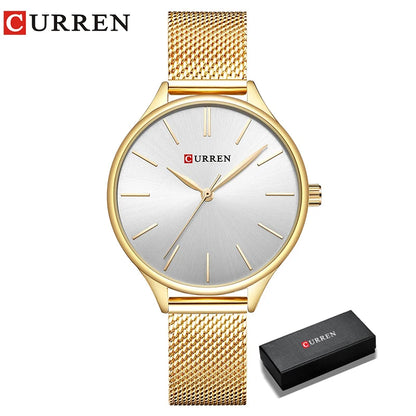 CURREN Original Women's Luxury Watch Matte Dial Japanese Quartz Movement Stainless Steel Mesh Strap with Box gold white box