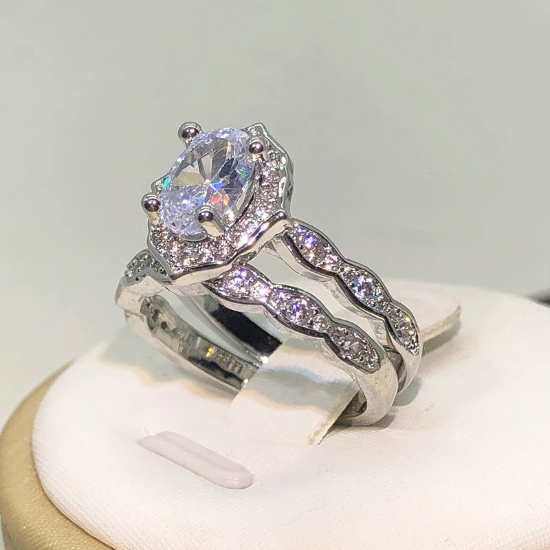 925 Silver New Arrival Four Claw Round Zircon Double Rings For Ladies Party Birthday Jewelry Gift