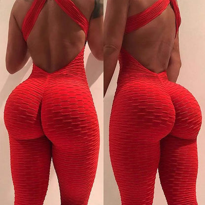 2024 Women's Sports Suit Sleeveless Backless Jumpsuits Costume Quick Dry Gym Bodysuit Tracksuit Fitness Tights Scrunch Leggings Badiee Stylez