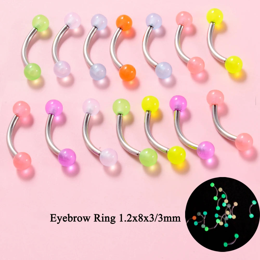 10/14pcs/Set Luminous Surgical Steel Tongue BCR Navel Belly Ring Acrylic Glow in the Dark Ball Labret Stud Body Piercing Jewelry 14PCS Eyebrow Studs CHINA