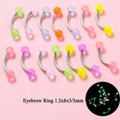 10/14pcs/Set Luminous Surgical Steel Tongue BCR Navel Belly Ring Acrylic Glow in the Dark Ball Labret Stud Body Piercing Jewelry 14PCS Eyebrow Studs CHINA