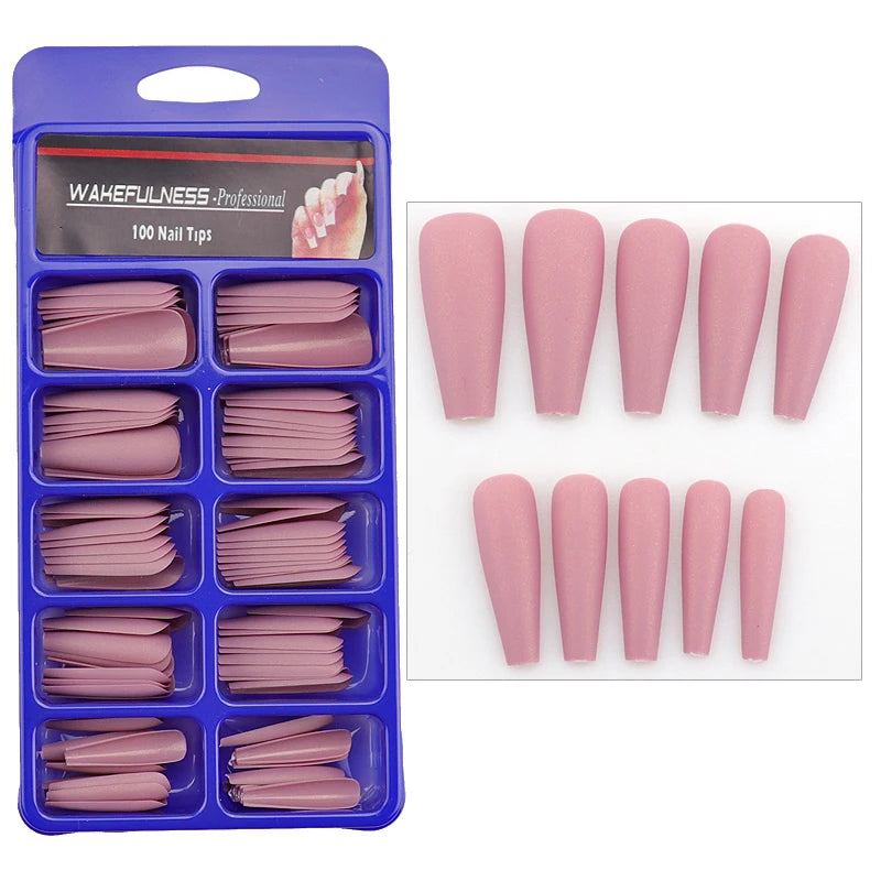 WAKEFULNESS 100Pcs/Set Matte Fake Nail Art Tips Long Ballerina Coffin Nails ABS Full Cover Fasle Nails Tools Manicure TG44