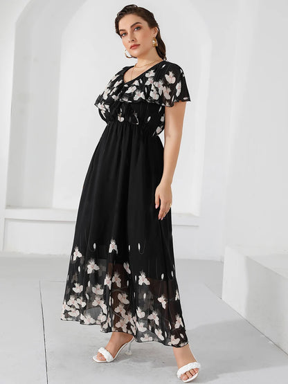 Plus Size Casual Women's Dresses 2024 Summer Ruffles V Neck Short Sleeve Floral Maxi Long Dress Black Chiffon Boho Beach Dresses