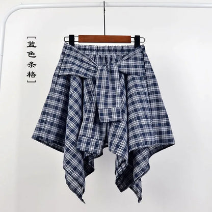 TOTRUST Fashion College Asymmetrical Skirt Women Summer Plaid Skirt Women Casual Students Fake Shirt Mini Skirt Female Saia 11 One Size