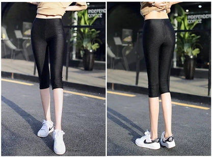 lady summer short pants women solid black shine breathable above knee short capris korean skinny neon pant