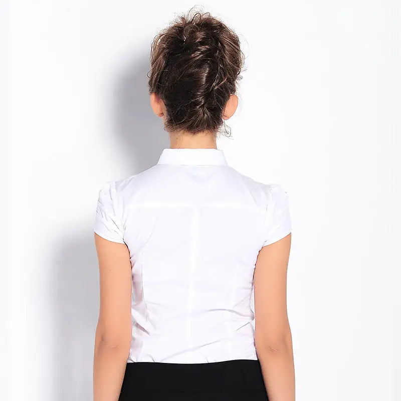 Elegant Bodysuit Women Short Sleeve White Color Shirring Design Blouses And Tops Office Lady Work Wear Formal Body Shirt Female